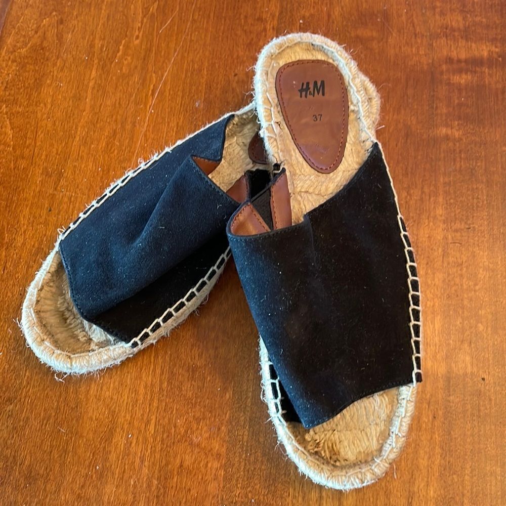 H&M Black Suede Espadrille Slides - Size 37
